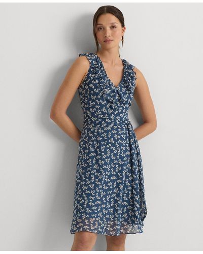Lauren by Ralph Lauren Petite Ruffled Floral Fit & Flare Dress - Blue