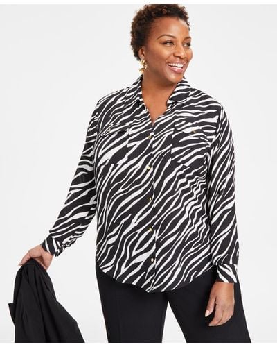 INC International Concepts Plus Size Animal Print Collared Button Front Top - White