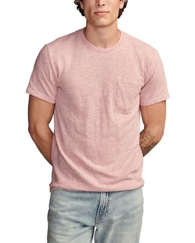 Lucky Brand Linen Short Sleeve Pocket Crew Neck Tee Shirt - Pink