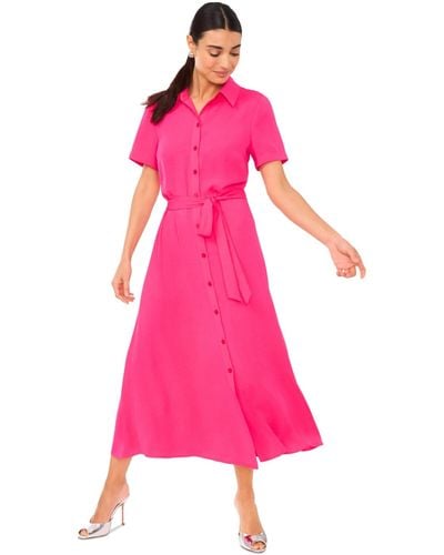 Cece Short-sleeve Belted Midi Shirtdress - Pink
