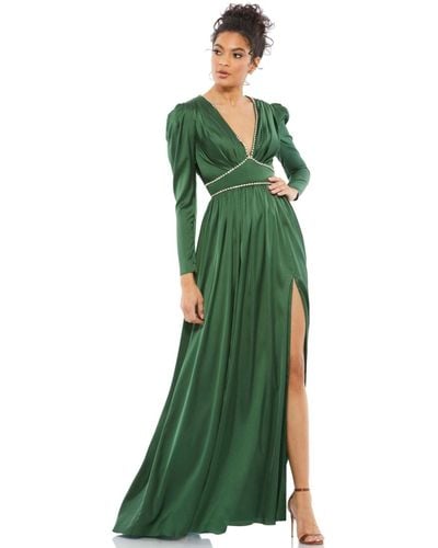 Mac Duggal Ieena Satin Puff Shoulder Rhinestone Encrusted Gown - Green