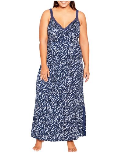 Avenue Plus Size Lace Trim Print Sleep Maxi Dress - Blue