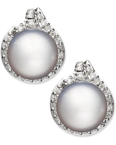 Macy's 14k White Gold Earrings, Cultured South Sea Pearl (11mm) And Diamond (3/4 Ct. T.w.) Stud Earrings - Metallic