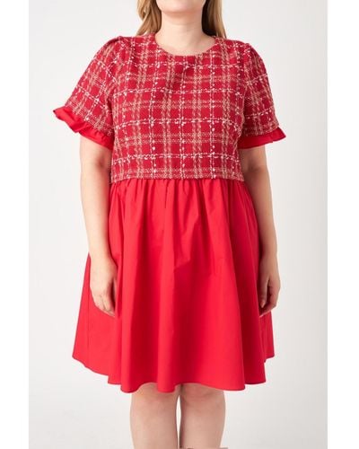 English Factory Plus Size Mixed Media Tweed Poplin Mini Dress - Red
