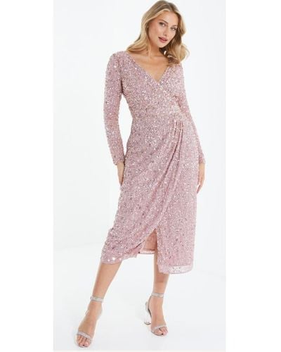 Quiz Long Sleeve Sequin Midi Dress - Pink