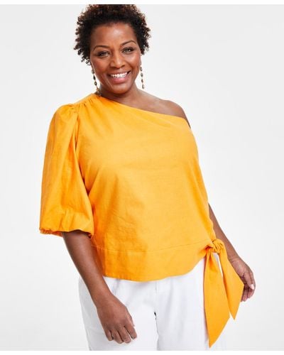 INC International Concepts Plus Size Linen-blend One-shoulder Top - Orange