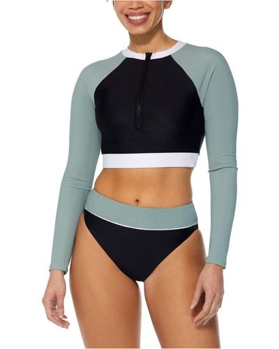 Reebok Colorblocked Cropped Rash Guard Swim Top & High-waist Bikini Bottoms - Blue