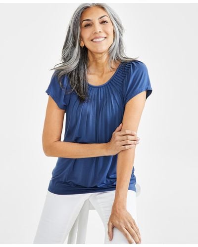 Style & Co. Petite Pleated Scoop-neck Short-sleeve Top - Blue