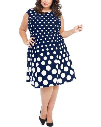 London Times Plus Size Polka-dot Fit & Flare Dress - Blue
