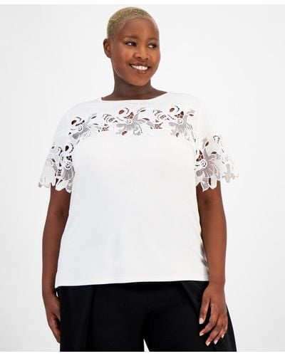 Anne Klein Plus Size Harmony Lace-trim Knit Top - White