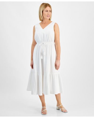 Style & Co. Petite Drawstring-waist Sleeveless Midi Dress - White
