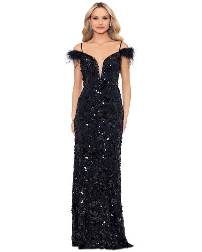 Betsy & Adam Sequined Feather-trim Gown - Blue