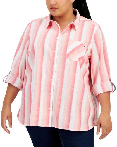 Tommy Hilfiger Women's Cotton Printed Roll-Tab Utility Shirt - Macy's