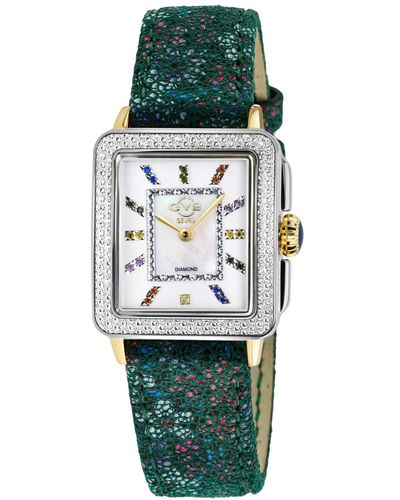 Gevril Padova Swiss Quartz Gemstone Floral Leather Watch 30mm - Green