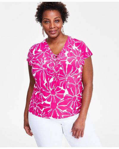INC International Concepts Plus Size Printed Lace-up Top - Pink