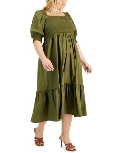 INC International Concepts Plus Size Smocked Puff-sleeve A-line Dress, Created For Macy's - Green