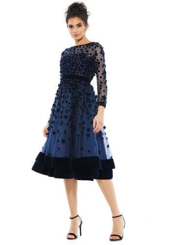 Mac Duggal Embellished Illusion High Neck Long Sleeve Fit & Flare Dress - Blue
