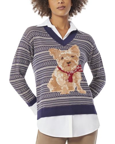 Jones New York Dog Scarf Layered-look V-neck Sweater - Blue