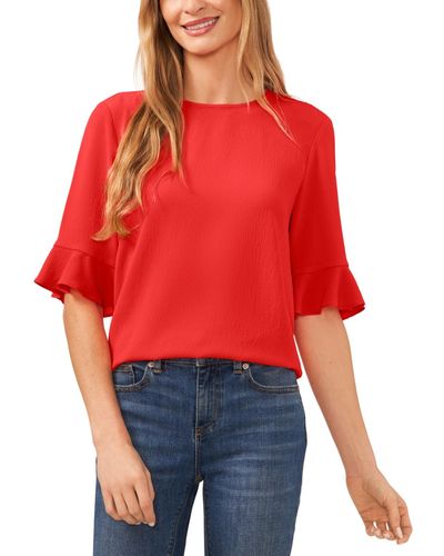 Cece Ruffled Cuff 3/4-sleeve Crew Neck Blouse - Red
