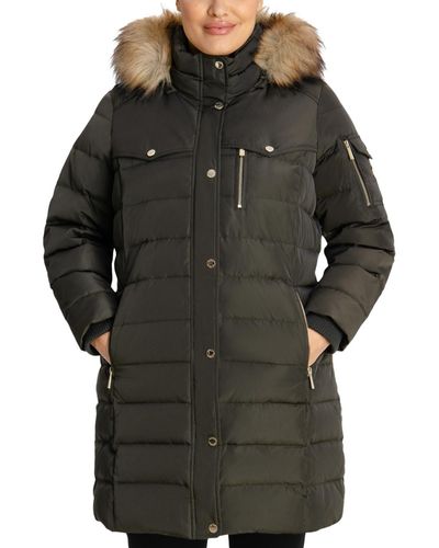 Michael Kors Michael Plus Size Faux-fur-trim Hooded Puffer Coat, Created For Macy's - Gray