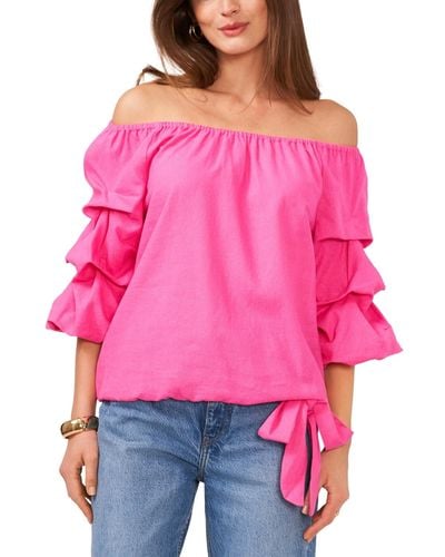 Vince Camuto Linen-blend Off The Shoulder Bubble Sleeve Tie Front Blouse - Red