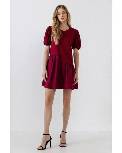 English Factory Knit Woven Mixed Dress - Red