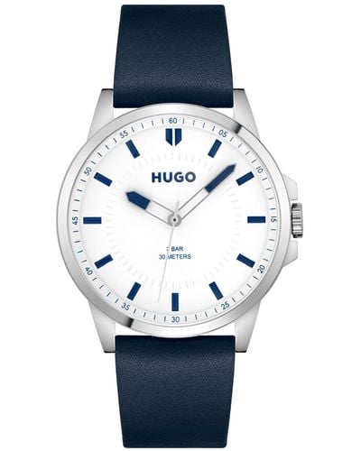 HUGO First Blue Leather Strap Watch 43mm - Metallic
