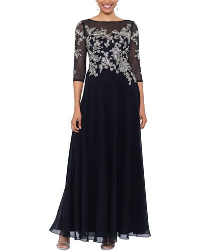 Betsy & Adam Floral-embroidered 3/4-sleeve Gown - Black