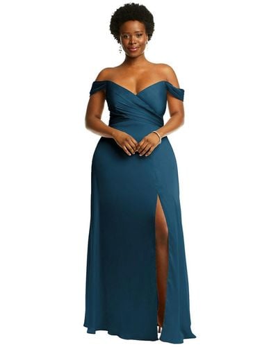 Dessy Collection Off-the-shoulder Flounce Sleeve Empire Waist Gown - Blue