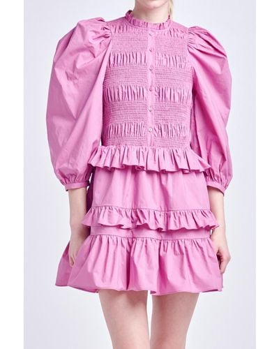 English Factory Smocking Detail Mini Dress - Pink