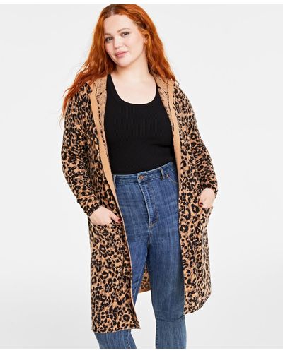 Charter Club Plus Size Cheetah-print Hooded Open 100% Cashmere Cardigan - Black