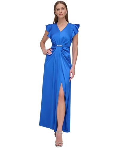 DKNY V-neck Ruffle-sleeve Draped Satin Gown - Blue