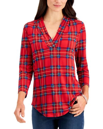 Charter Club Plaid Pleated V-neck Top - Red