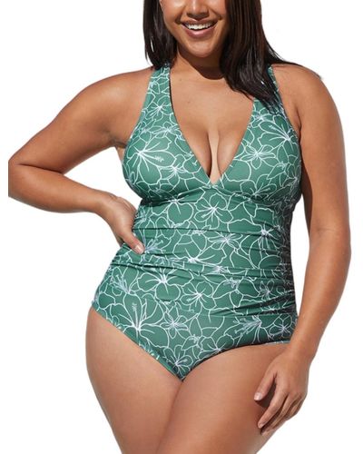 CUPSHE Plus Size Vines Of Lines Shirred Tie Back One Piece Swimsuit - Blue
