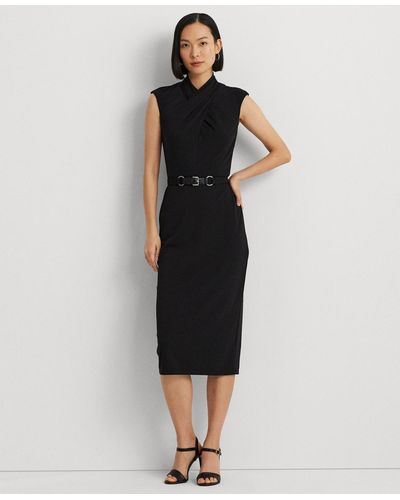 Lauren by Ralph Lauren Belted Jersey Mockneck Dress - Black