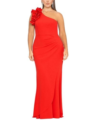 Xscape Plus Size Ruffled One-shoulder Scuba Crepe Gown - Red