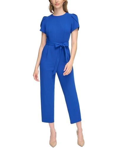 Calvin Klein Petite Puff-sleeve Belted Jumpsuit - Blue