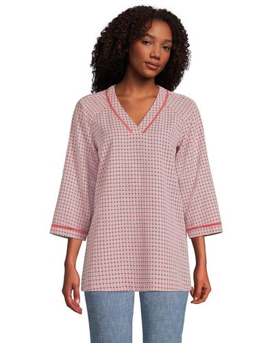 Lands' End Tall Rayon 3/4 Sleeve V Neck Tunic Top - Pink