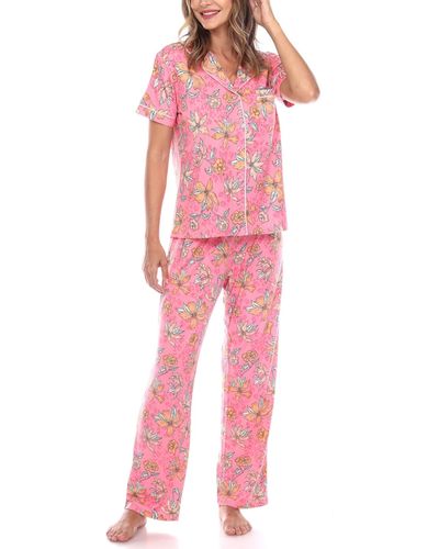 White Mark Short Sleeve Pants Tropical Pajama Set - Pink