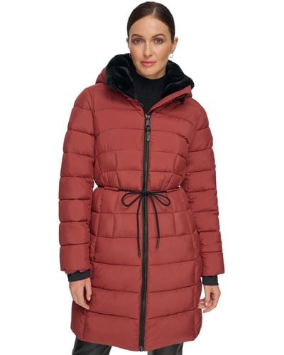 DKNY Rope Belted Faux-fur-trim Hooded Puffer Coat - Red
