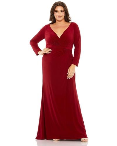 Mac Duggal Plus Size Long Sleeve V-neck Faux Wrap Gown - Red