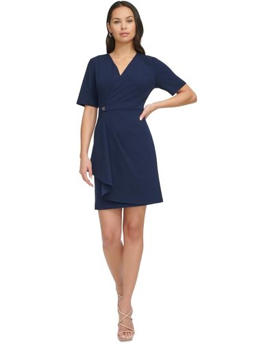 DKNY Short-sleeve Faux-wrap Sheath Dress - Blue