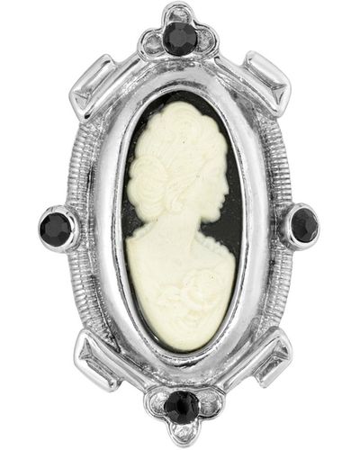 2028 Silver-tone And White Oval Cameo Pin - Black