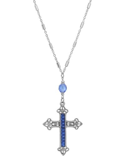 2028 Glass Crystal Cross Necklace 28" - Metallic