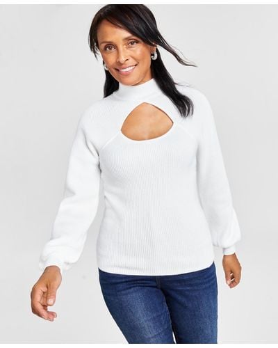 INC International Concepts Mock Neck Cutout Blouson-sleeve Sweater - White