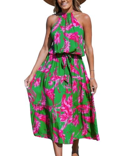 CUPSHE Pink-and-green Floral Maxi Halter Beach Dress - White