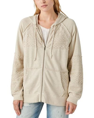 Lucky Brand Cotton Lace Panel Zip Up Hoodie Sweatshirt - Natural