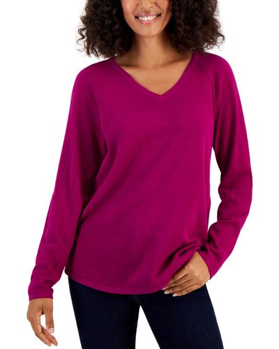 Karen Scott Cotton V-neck Sweater - Purple