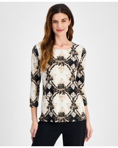 Macy's Jm Collection Printed Jacquard 3/4-sleeve Top - Multicolor