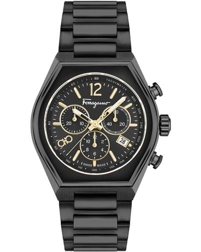 Ferragamo Salvatore Swiss Chronograph Tonneau Black Ion Plated Stainless Steel Bracelet Watch 42mm